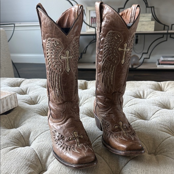 Golden Guns Shoes - Golden‎ Guns Women’s 8 Brown Western Cowboy Boots Embroidered Gold Cross